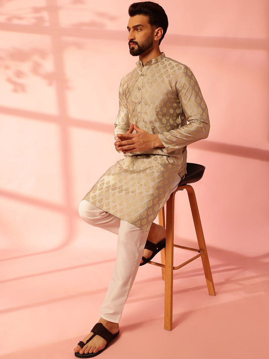 Anouk Ethnic Motifs Woven Design Band Collar Cotton Silk Straight Kurta
