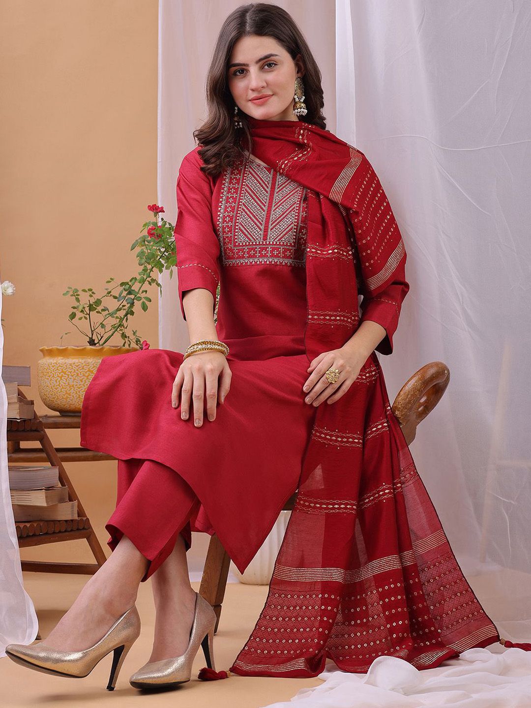 KALINI Yoke Design Sequinned Round Neck Kurta With Trousers & Dupatta