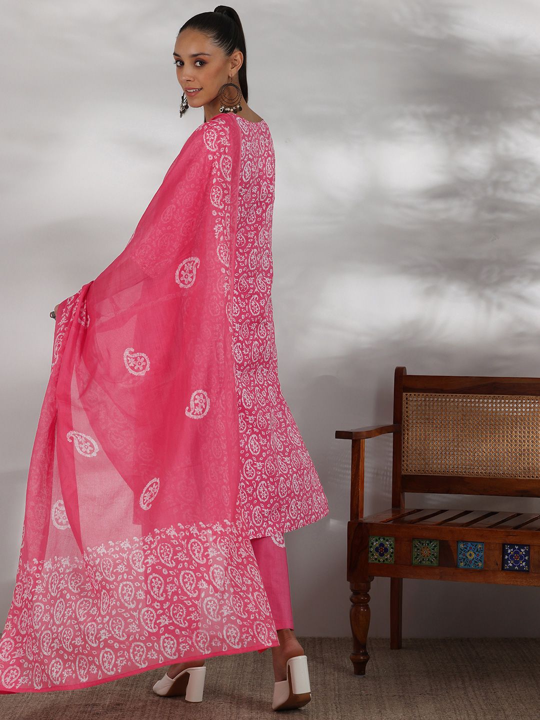 Libas Paisley Printed Regular Thread Work Pure Cotton Kurta With Trousers With Dupatta