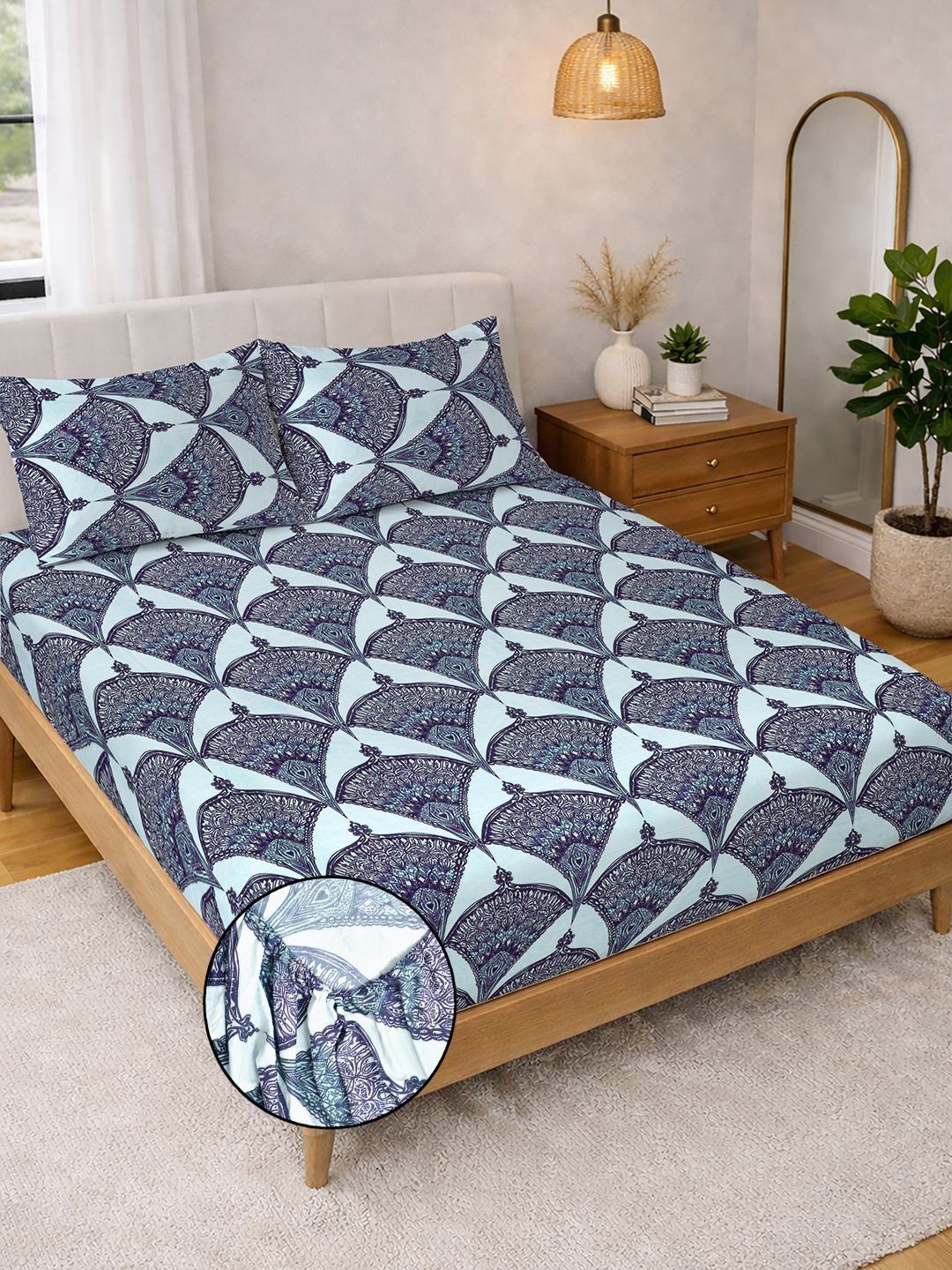 KLOTTHE Blue Floral Printed Fitted 400TC Super King Bedsheet With 2 Pillow Cover