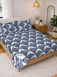 KLOTTHE Blue Floral Printed Dilengkapi Cadar 400TC Super King Dengan 2 Sarung Bantal