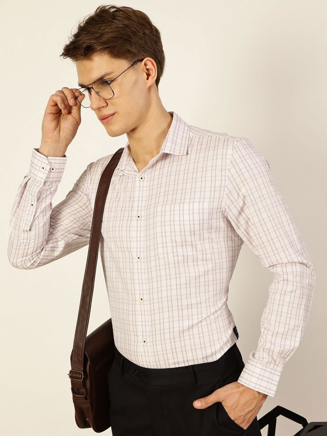 Thomas Scott Men Smart Spread Collar Checked Cotton Formal Shirt