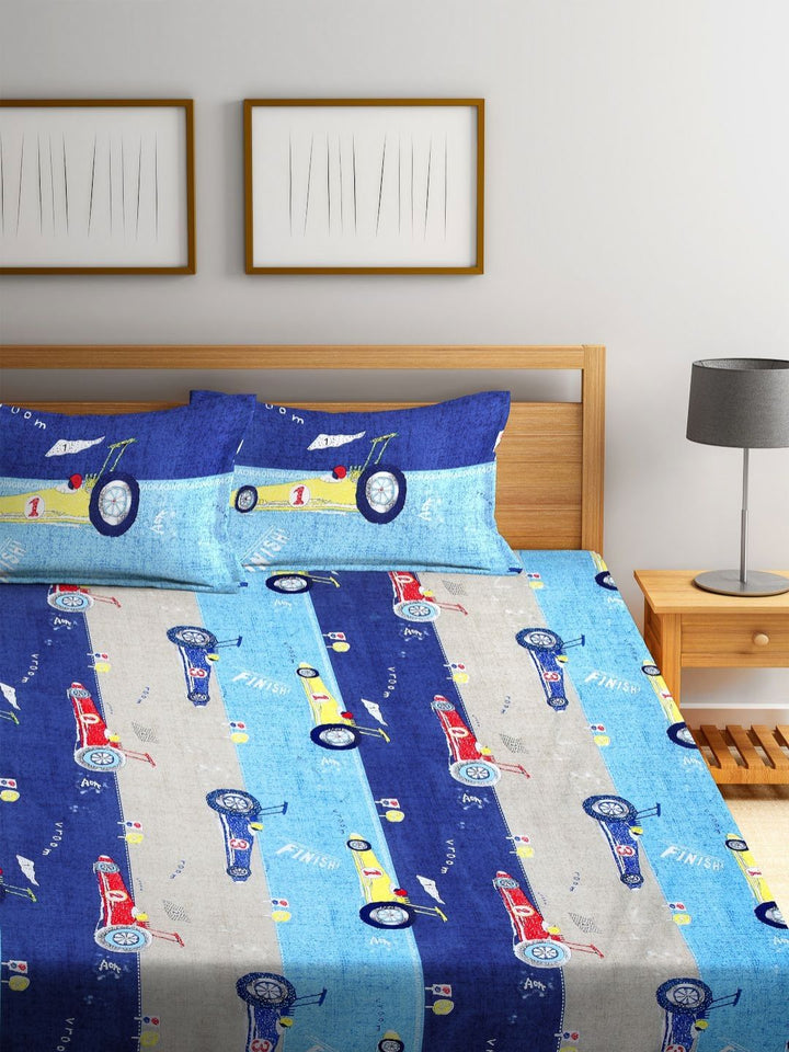 Myntra Elegant Homes Blue Conversational Polycotton 300 TC King Fine Bedsheet with 2 Pillow Covers-98 x 87 inches