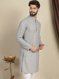 Anouk Motif Etnik Kelabu Bersulam Kolar Mandarin Lengan Panjang Kurta Benang Kapas