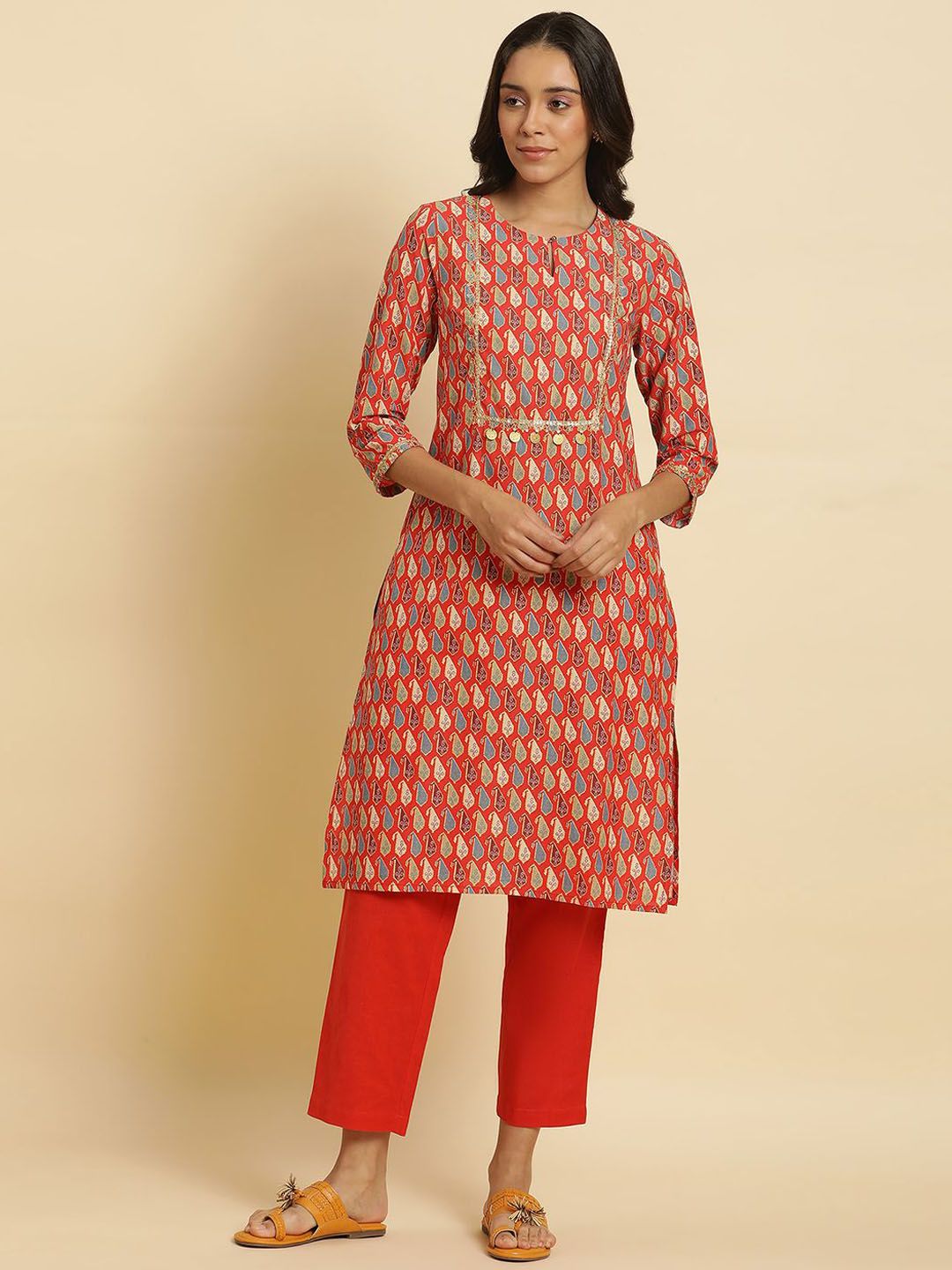 W Ethnic Motifs Printed Keyhole Neck Sequinned Straight Kurta