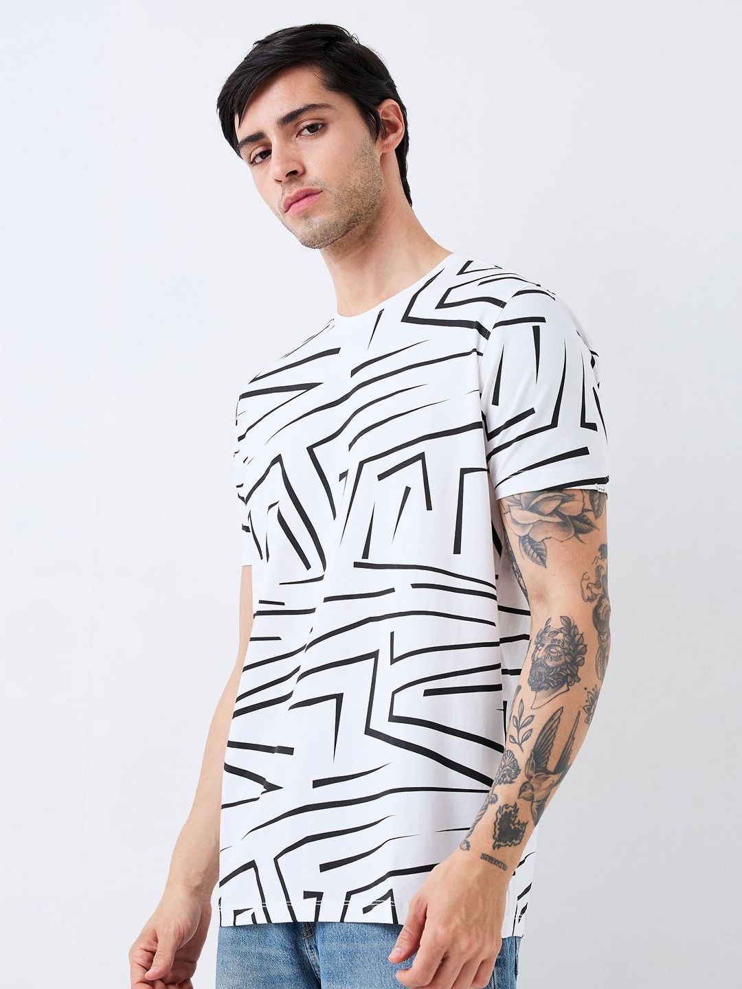 SPYKAR Men Abstract Printed Round Neck Cotton Slim Fit T-shirt