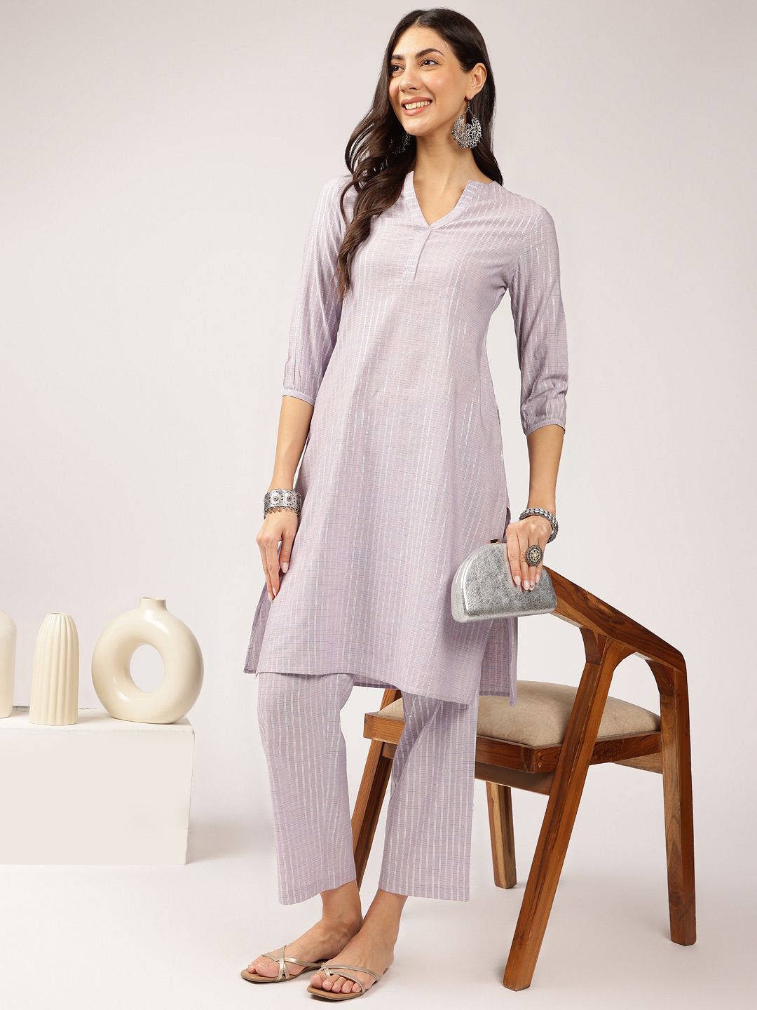 Anouk Lavender Striped Straight Kurta with Trousers