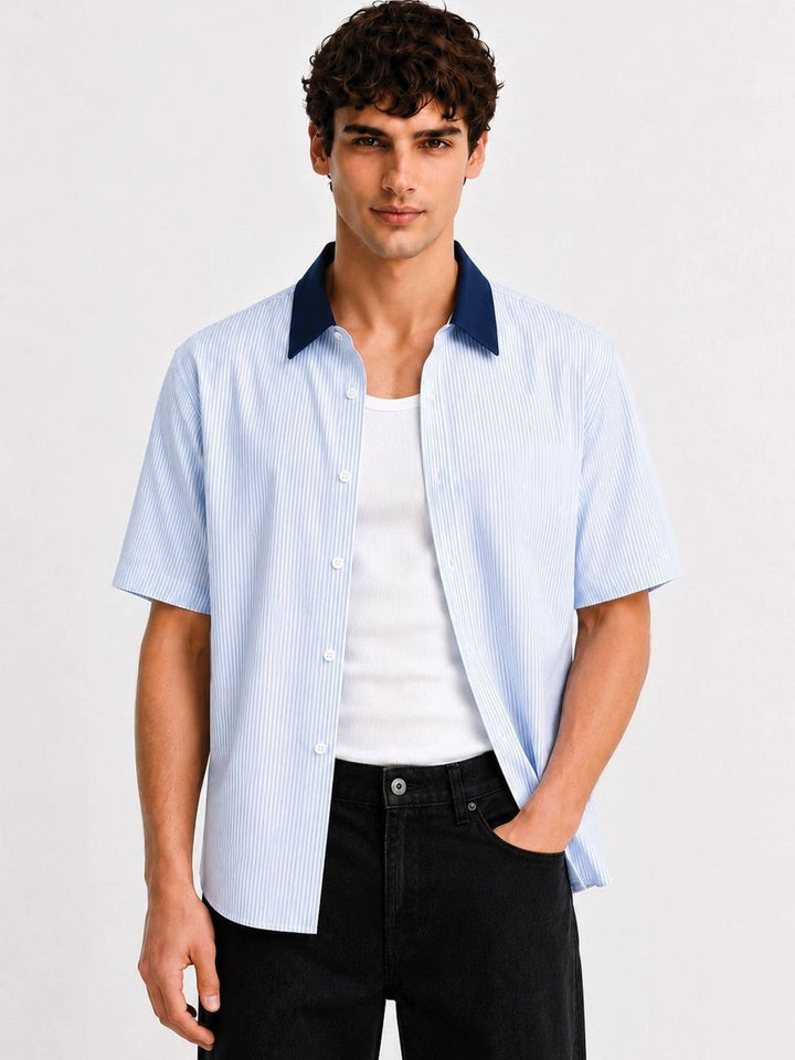 ADRO Spread Collar Short Sleeves Relaxed Striped Cotton Shirt