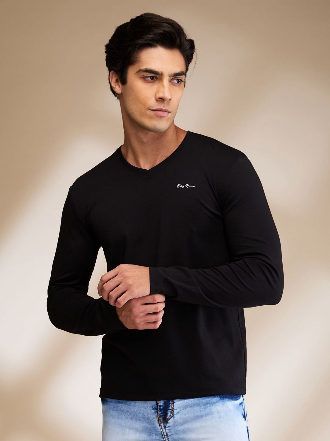 Being Human Men Solid V-Neck Cotton Slim Fit T-shirt