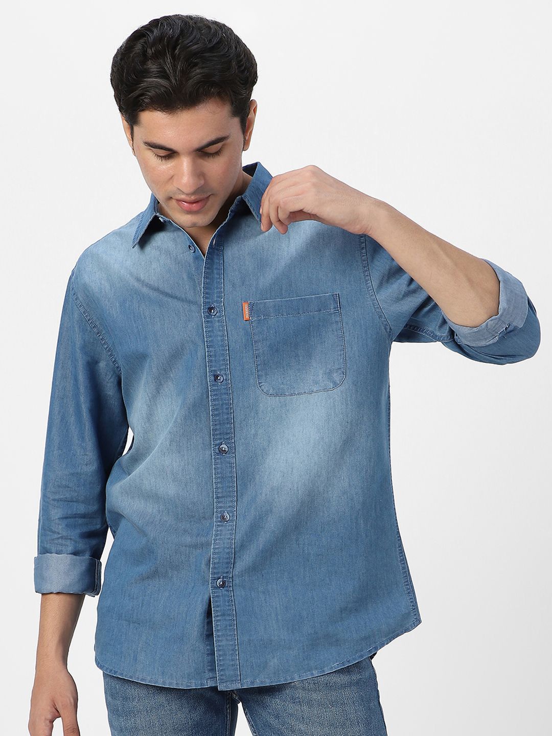 Urbano Fashion Men Spread Collar Solid Denim Casual Shirt