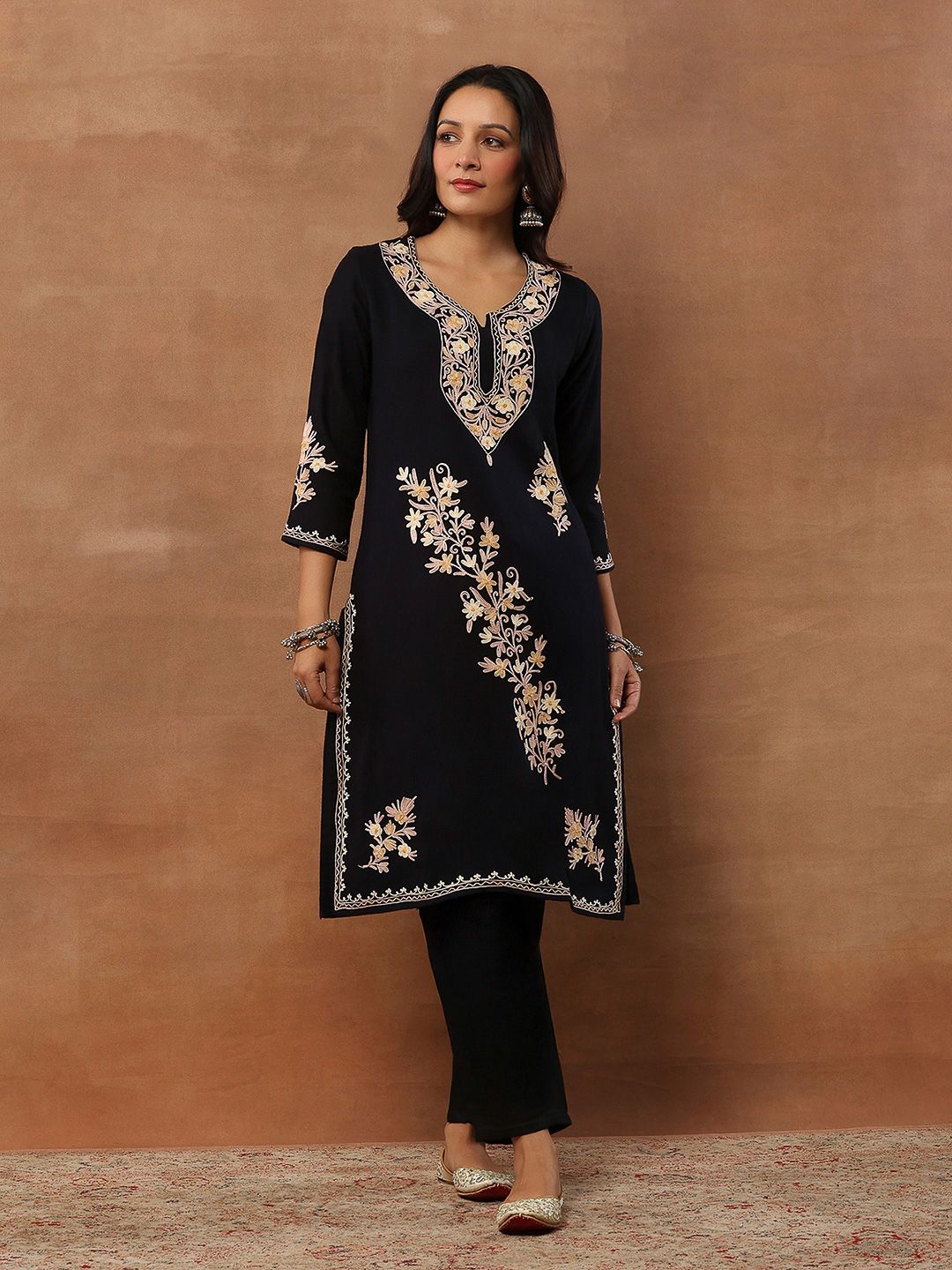 House of Chikankari Women Black Woolen Aari Sulam Kurta