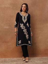 House of Chikankari Women Black Woolen Aari Sulam Kurta