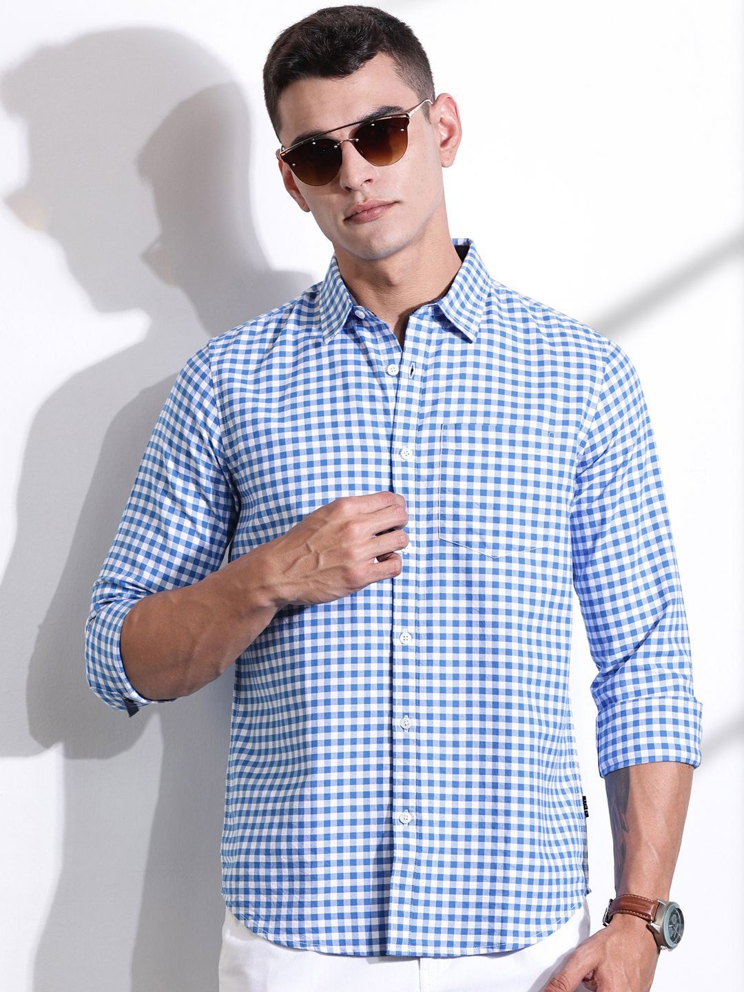 Thomas Scott Men Cotton Classic Slim Fit Gingham Checks Opaque Checked Casual Shirt