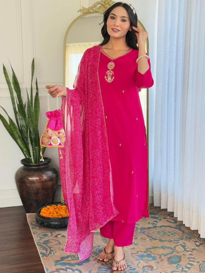 KALINI Zari V-Neck Straight Kurta With Trousers And Dupatta