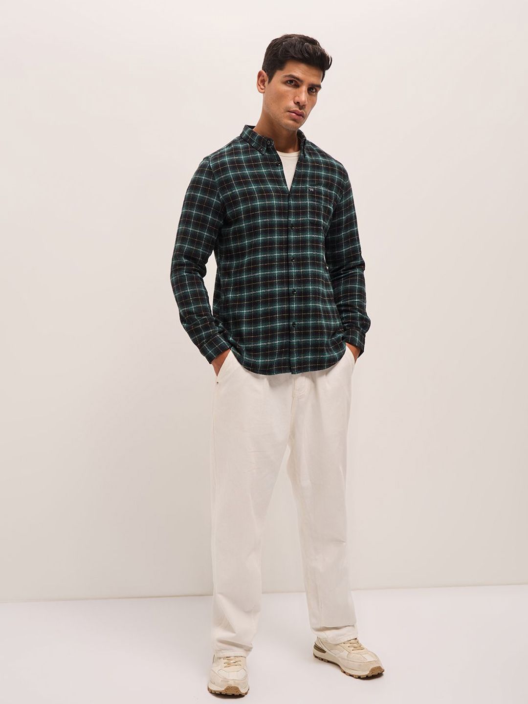 THE BEAR HOUSE Men Button-Down Collar Tartan Checked Cotton Slim Fit Casual Shirt