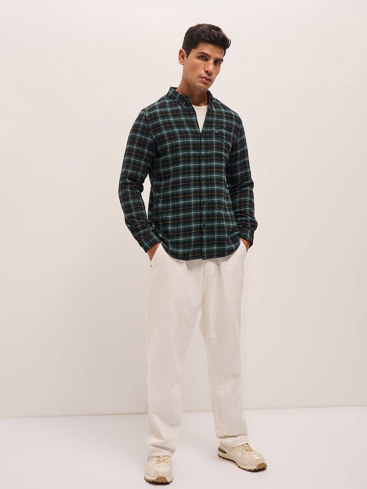 THE BEAR HOUSE Men Button-Down Collar Tartan Checked Cotton Slim Fit Casual Shirt