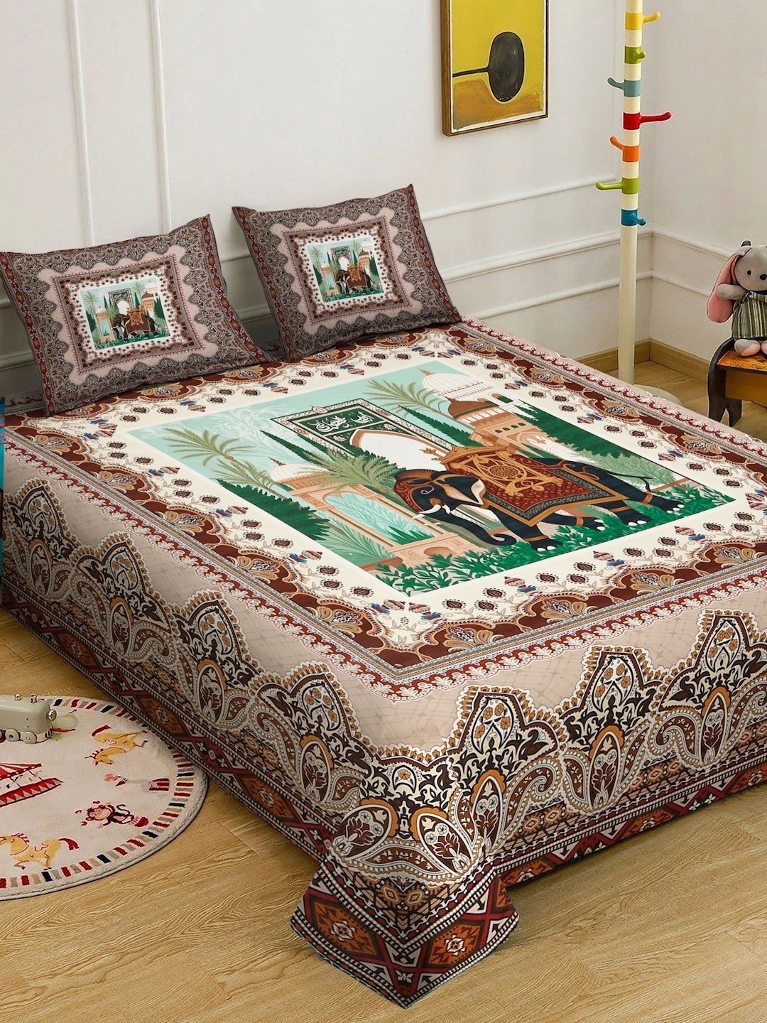 Myntra Elegant Homes Motif Etnik Coklat & Putih 400 TC Cadar Katil King dengan 2 Sarung Bantal