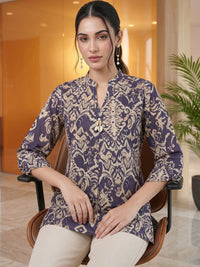 Mamicha Print Mandarin Collar Bell Sleeve Cotton Top