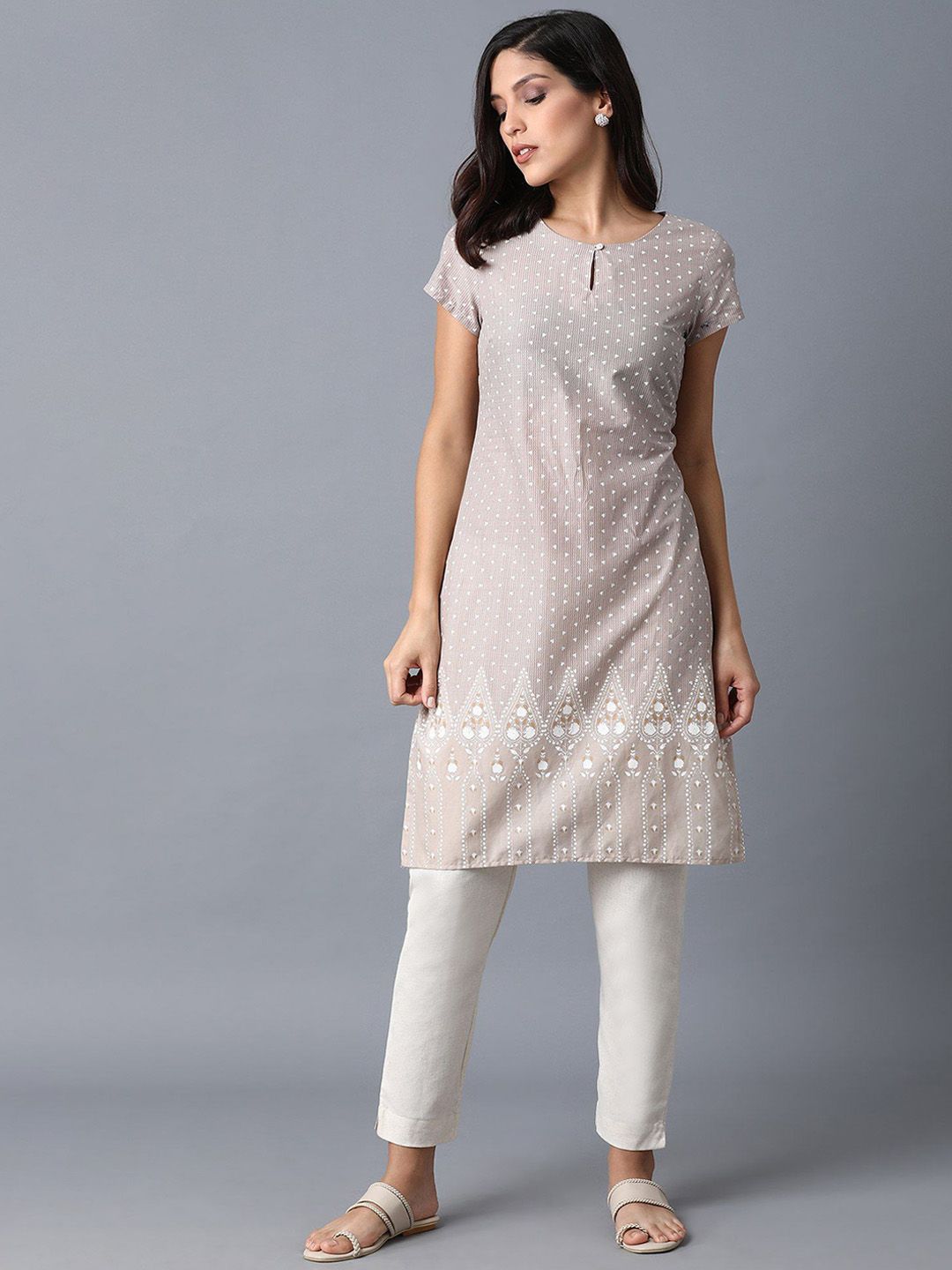W Women Geometric Printed Keyhole Neck Cotton Straight Kurta