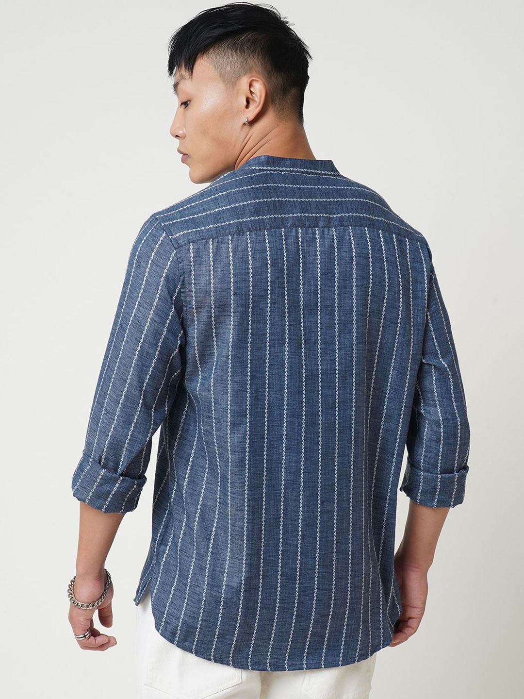 VASTRADO Striped Mandarin Collar Dobby Weave Cotton Short Kurta