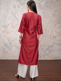 Vishudh Red Floral Woven Design Three-Quarter Sleeves Zari Kurta