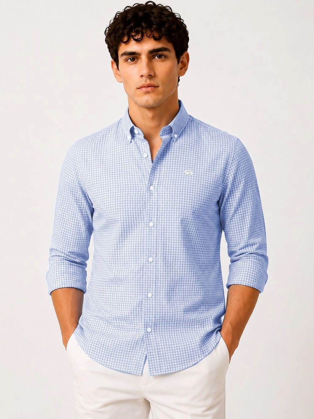 ADRO Men Sky Blue & White Mini Checked Regular Fit Casual Cotton Shirt