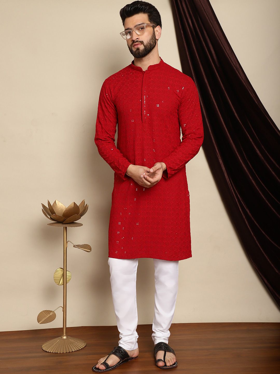 Anouk Geometric Embroidered Sequined Mandarin Collar Pure Cotton Kurta With Churidar