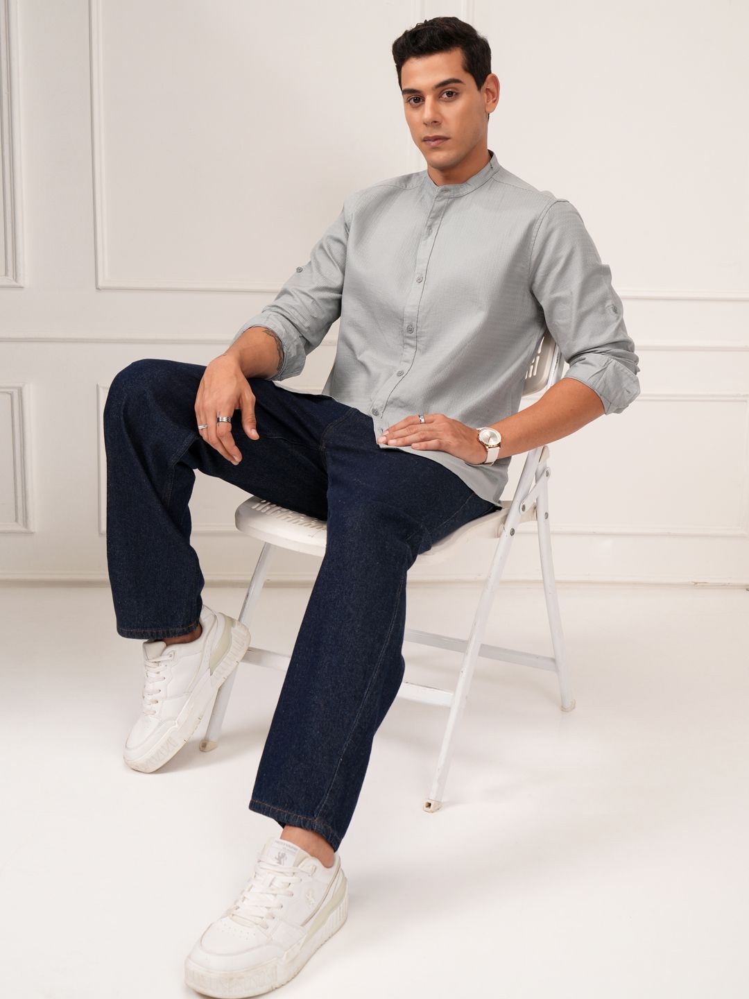 HIGHLANDER Men Dobby Textured Mandarin Collar Sleeve Roll Up Casual Shirt
