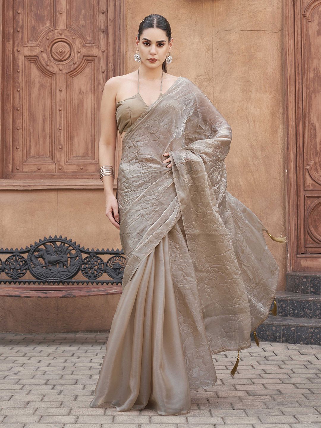 Tikhi Imli Crushed Pallu Half and Half Organza Saree