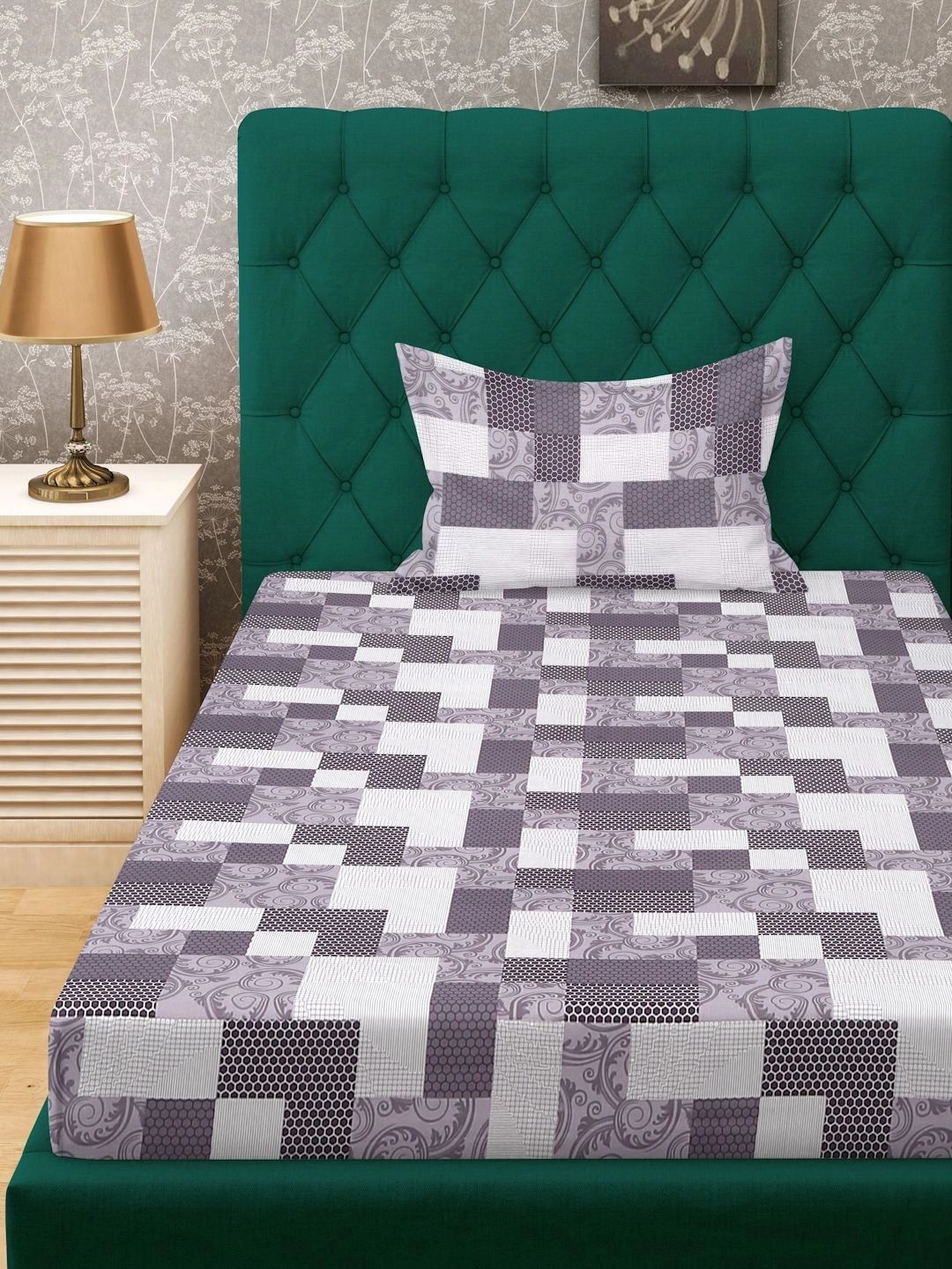 Myntra Elegant Homes Purple & White Geometric 400 TC Single Bedsheet with 1 Pillow Covers