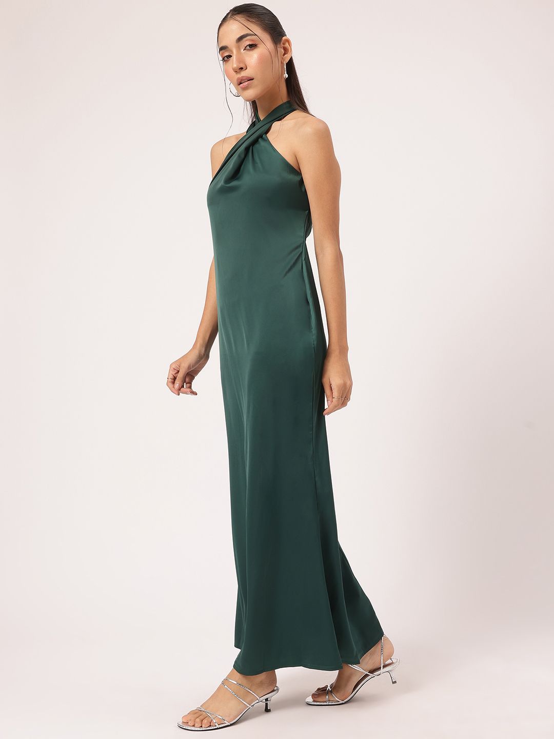 DressBerry Luxe Luster Halter Neck Satin-Finish Maxi Sheath Dress