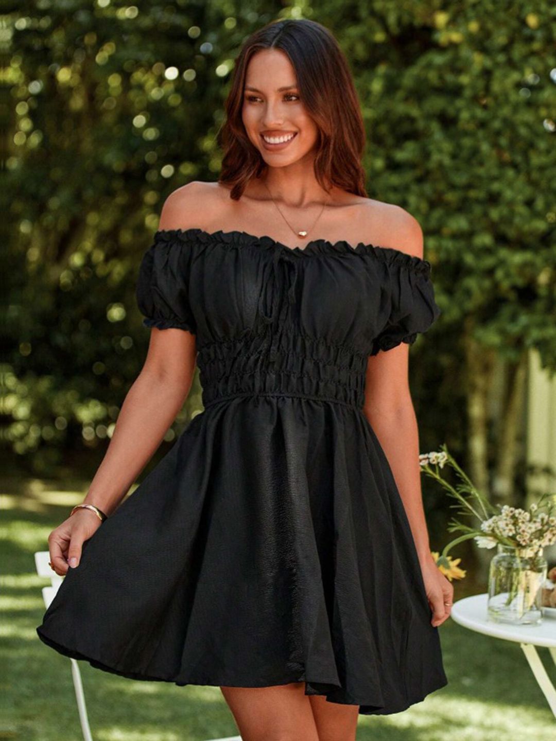 Berrylush Off-Shoulder Bishop Sleeve A-Line Dress