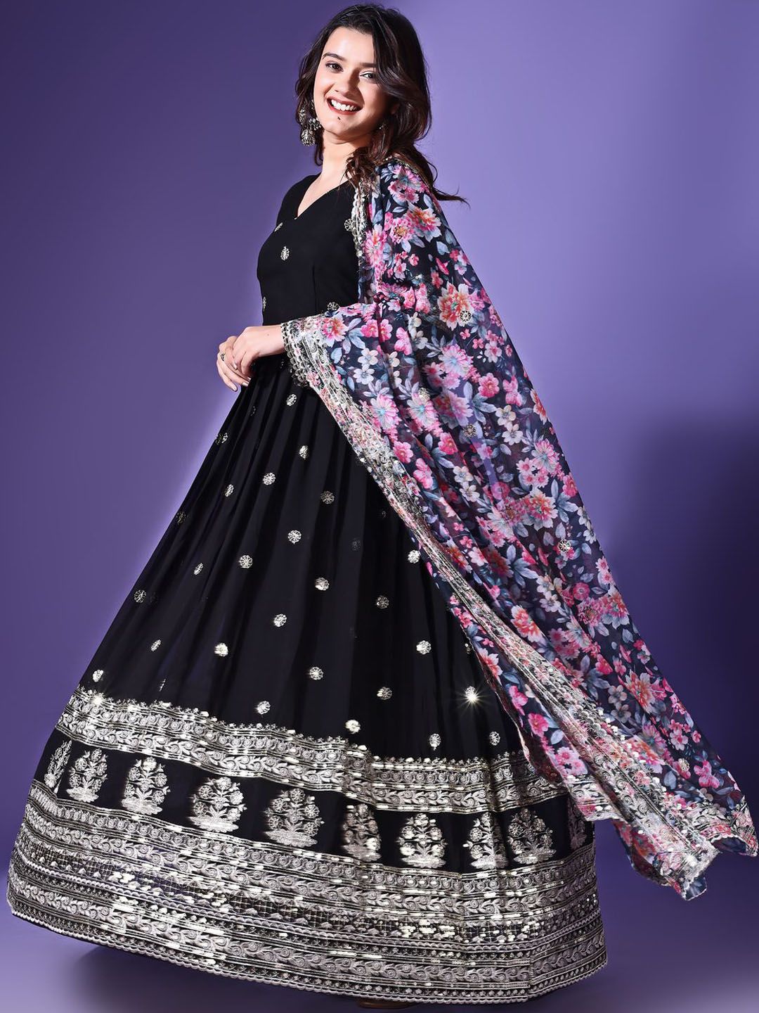 KALINI Floral Embroidered Sequinned V Neck Georgette Anarkali Kurta