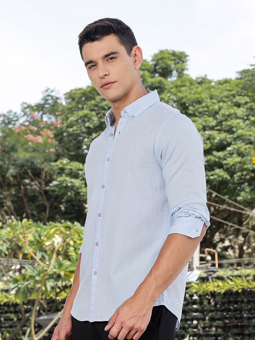 Thomas Scott Premium Seersucker Button-Down Collar Cotton Shirt