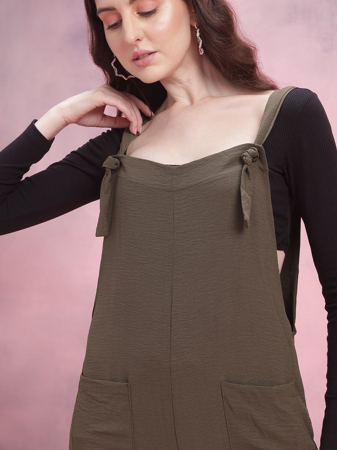 DressBerry Wrinkled Effect Tie-Up Detail Shoulder Straps Basic Jumpsuit