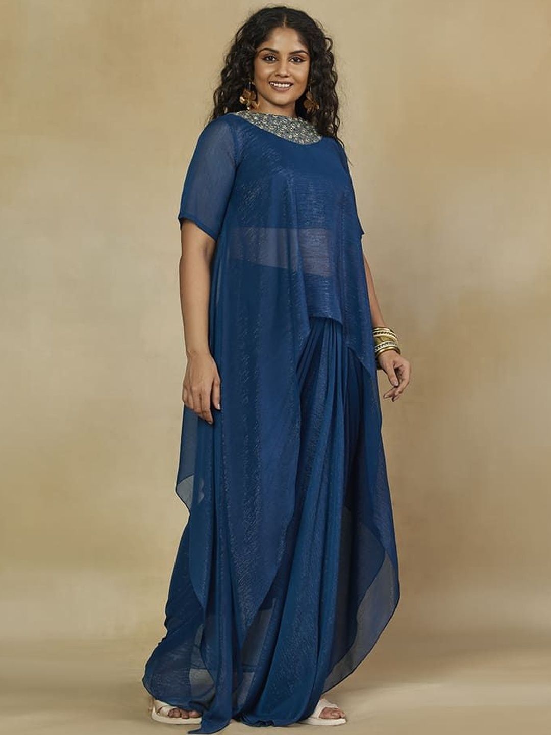 Mamicha Embroidered Round Neck Crop Top With Cape & Skirt Co-Ords Set
