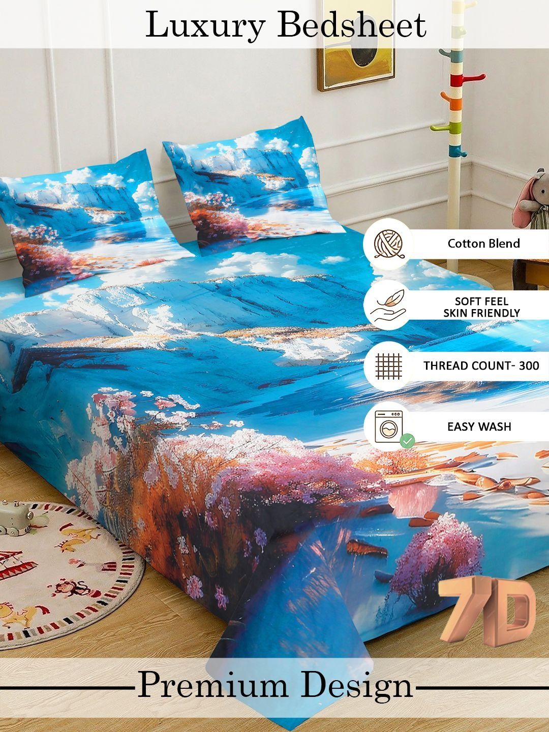 Myntra Elegant Blue & Pink Floral 400 TC King 7D Cadar & 2 Sarung Bantal 250X225 cm
