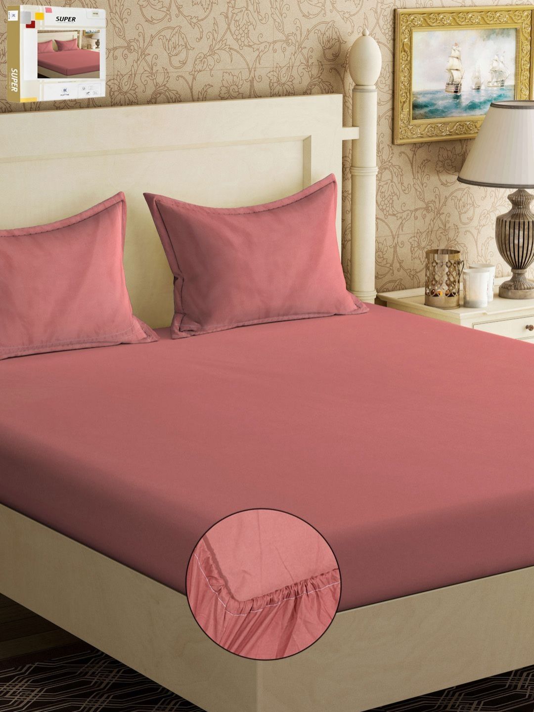KLOTTHE Rust Solid Cotton 300 TC Fitted King Cadar Tempat Tidur Halus dengan 2 Sarung Bantal-250 x 225 cm