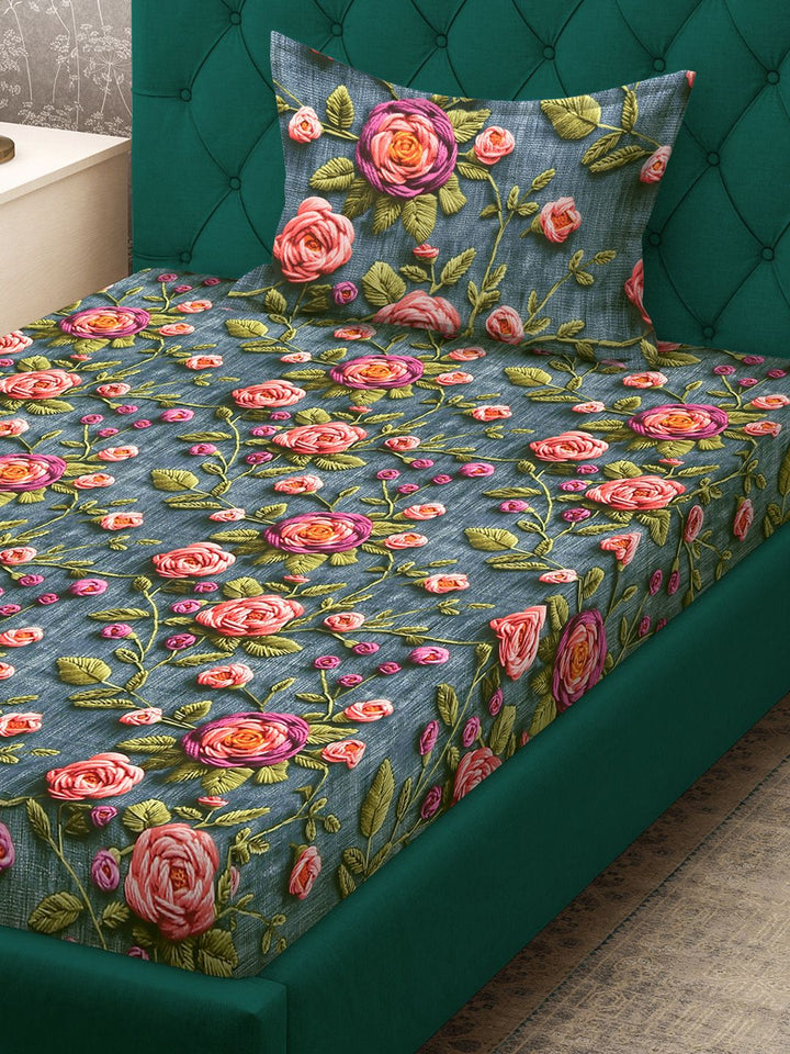 KLOTTHE Turquoise & Pink Floral Printed Flat 300 TC Single 7D Bedsheet With Pillow Cover