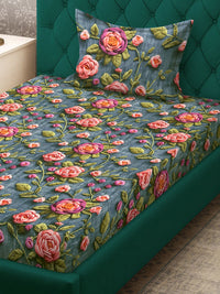 KLOTTHE Turquoise & Pink Floral Printed Flat 300 TC Single 7D Bedsheet With Pillow Cover