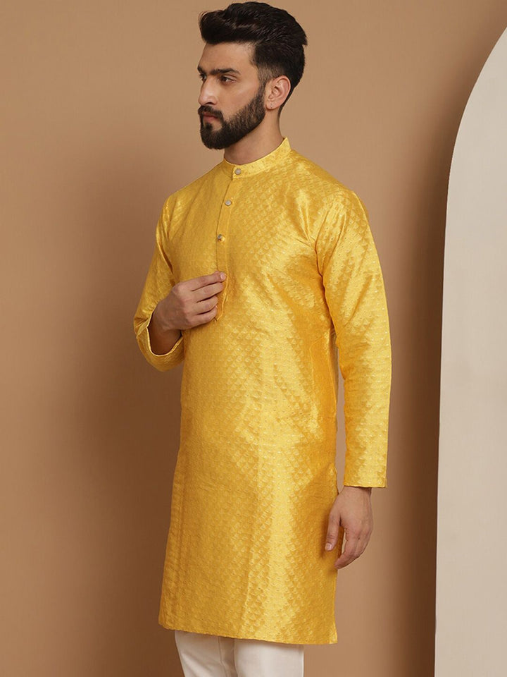 Anouk Mustard Yellow Ethnic Motifs Jacquard Silk Woven Design Band Collar Straight Kurta