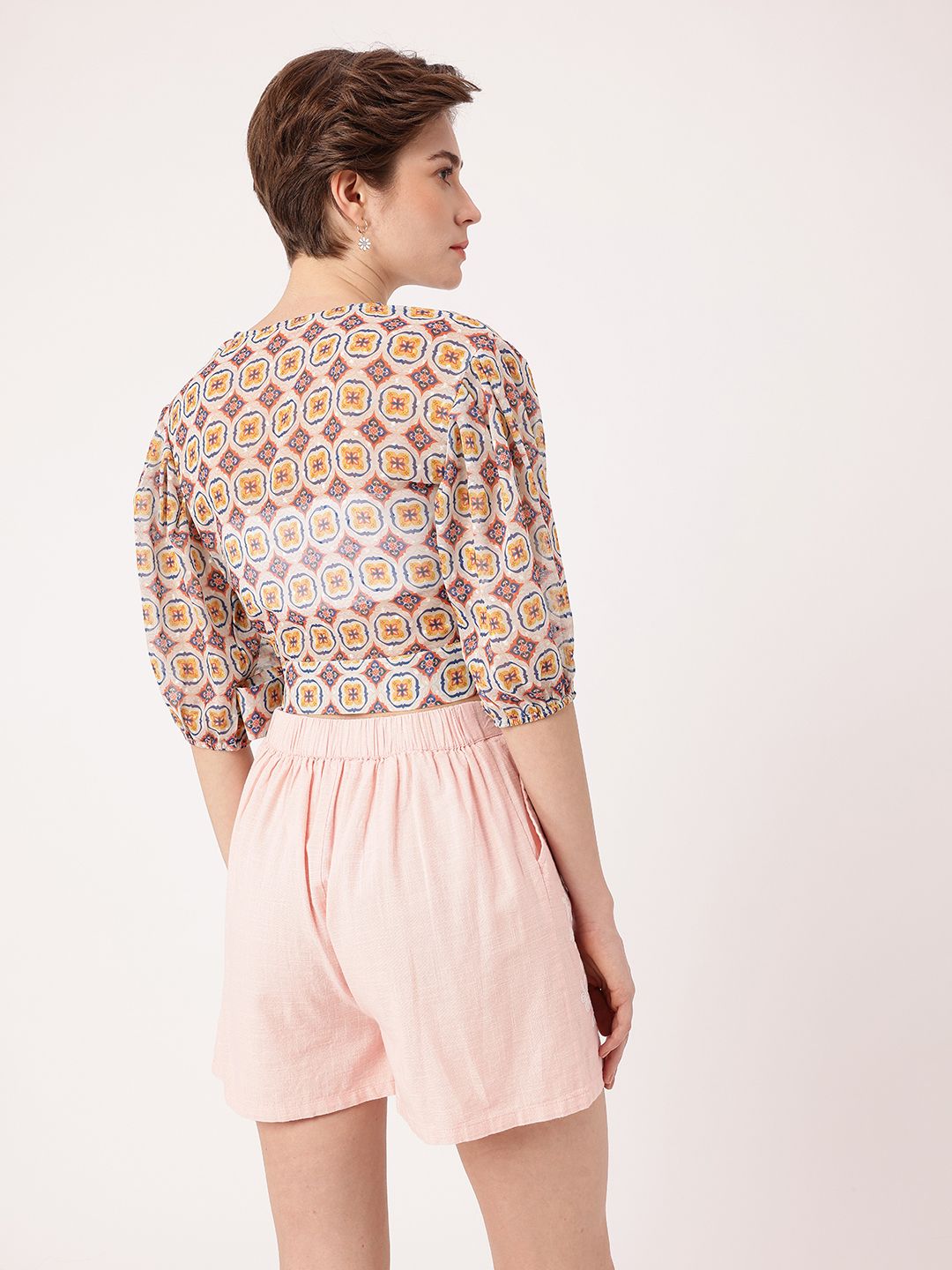 DressBerry Stylish Heritage Print Semi Sheer Crop Wrap Top With Inner Slip