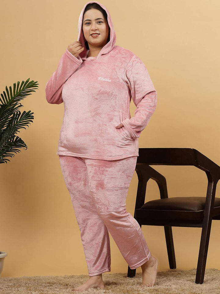KLOTTHE Women Solid Plus Size Hooded Nightsuit