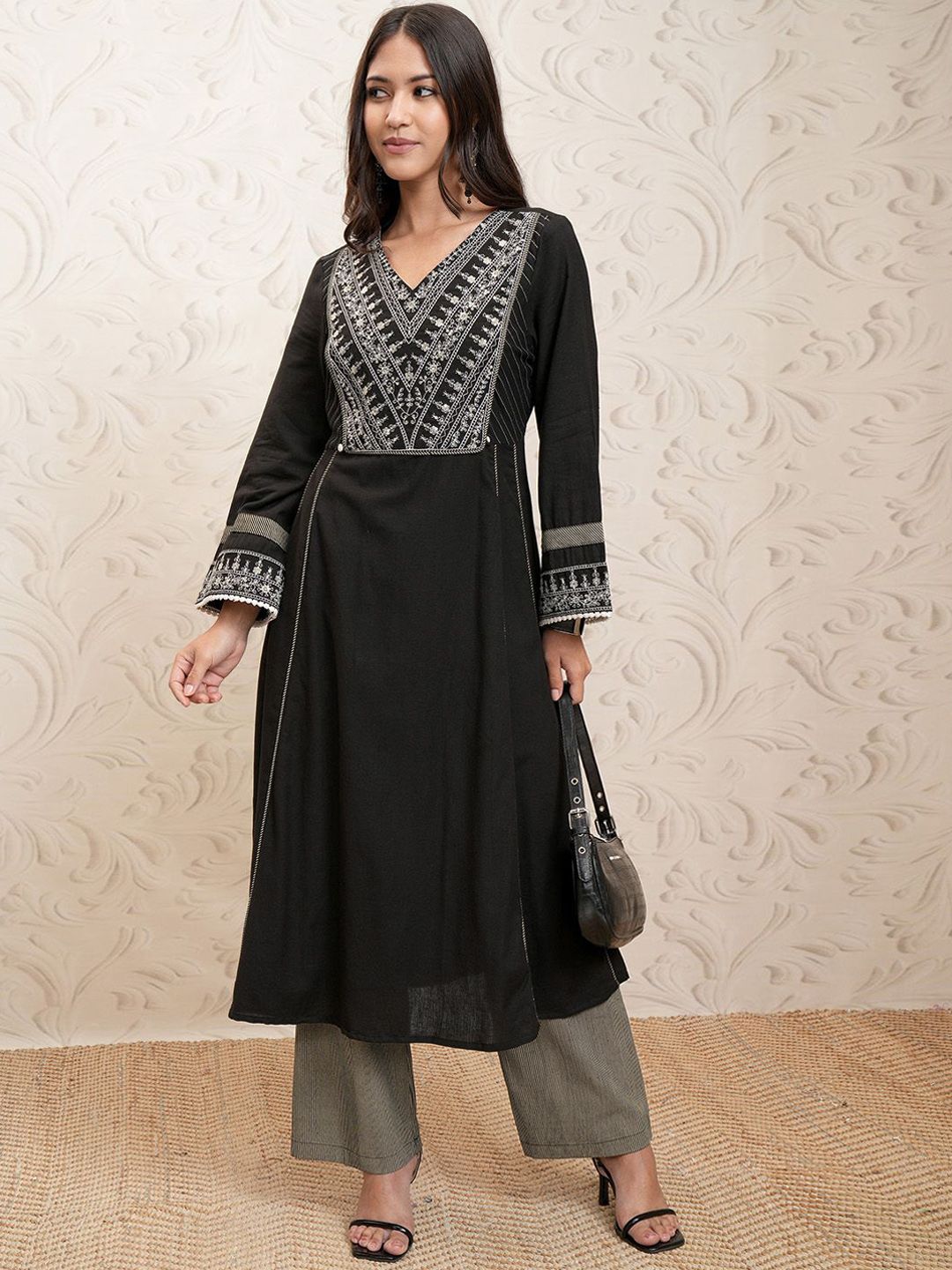 Vishudh Floral Embroidered Panelled Sequinned Pure Cotton Kurta With Trousers