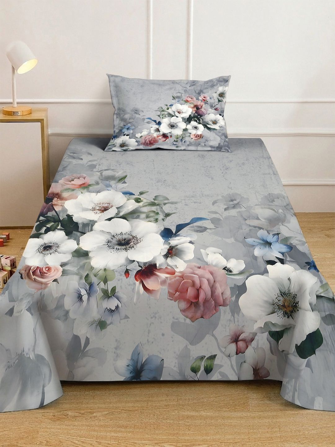 KLOTTHE Grey Floral Fitted 400 TC Single 7D Bedsheet with 1 Pillow Covers