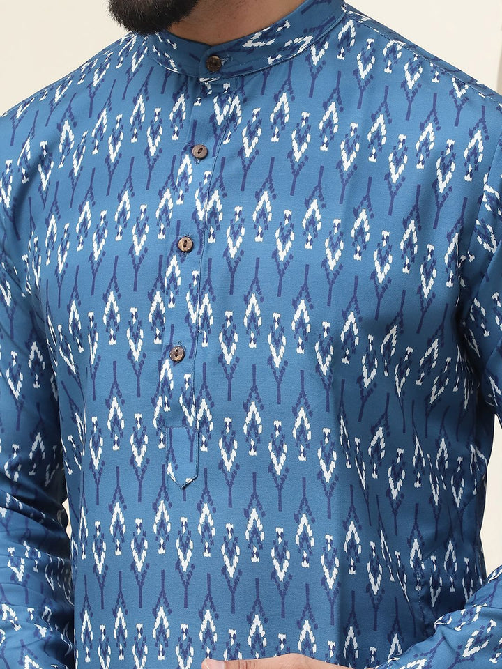 SOJANYA Kolar Mandarin Bercetak Geometrik Kapas Tulen Kurta Lurus dengan Piyama