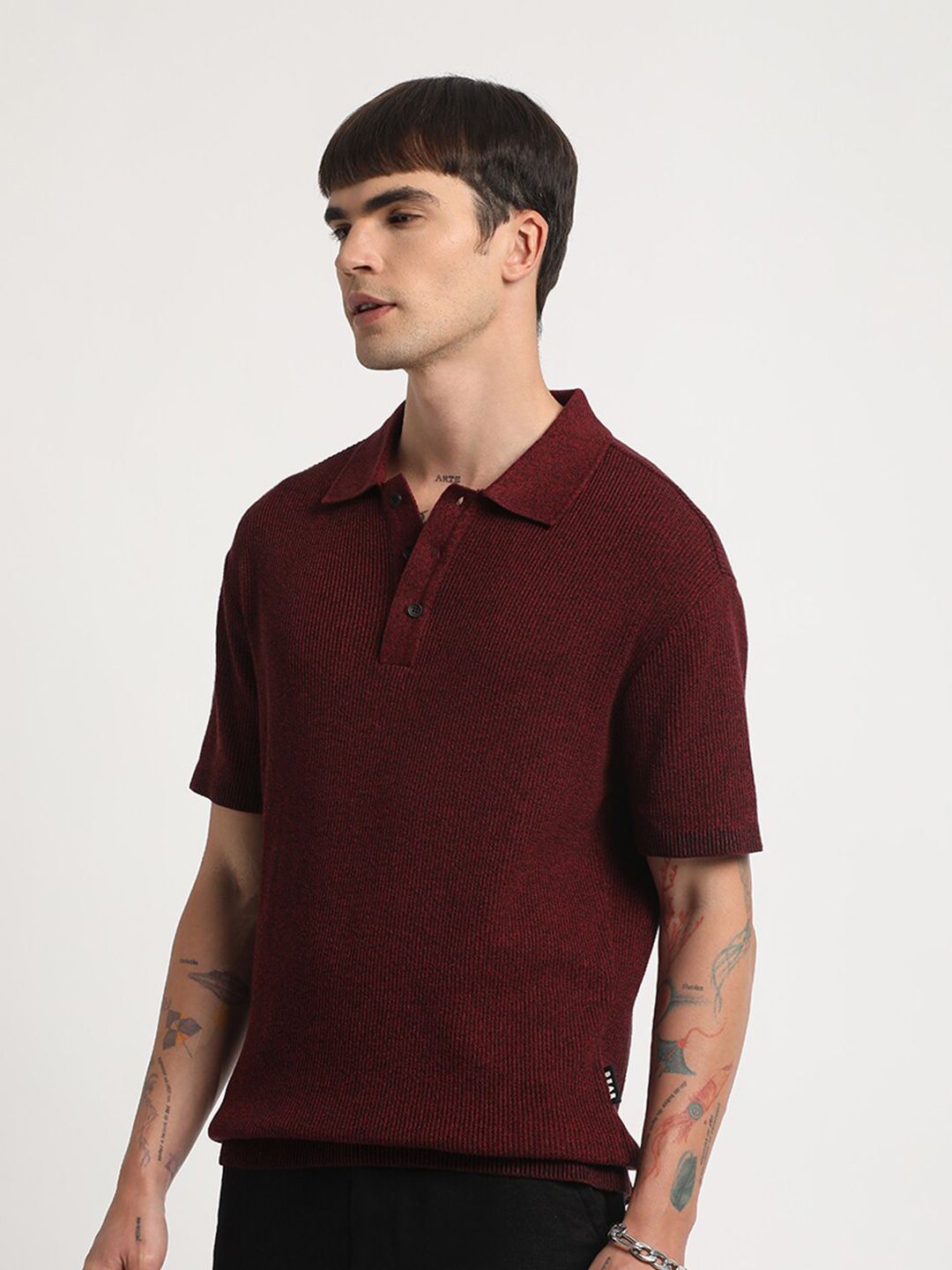 THE BEAR HOUSE Self Design Regular Fit Cotton Polo Collar T-shirt