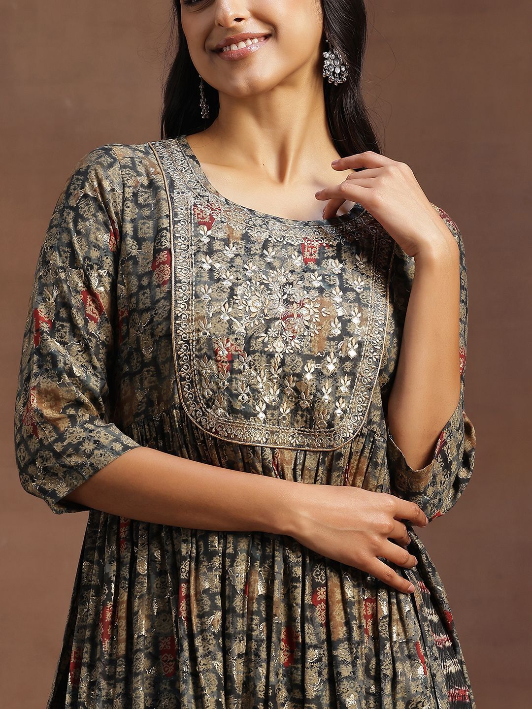 Libas Ethnic Motifs Printed Mirror Work A-Line Kurta with Trousers & Dupatta