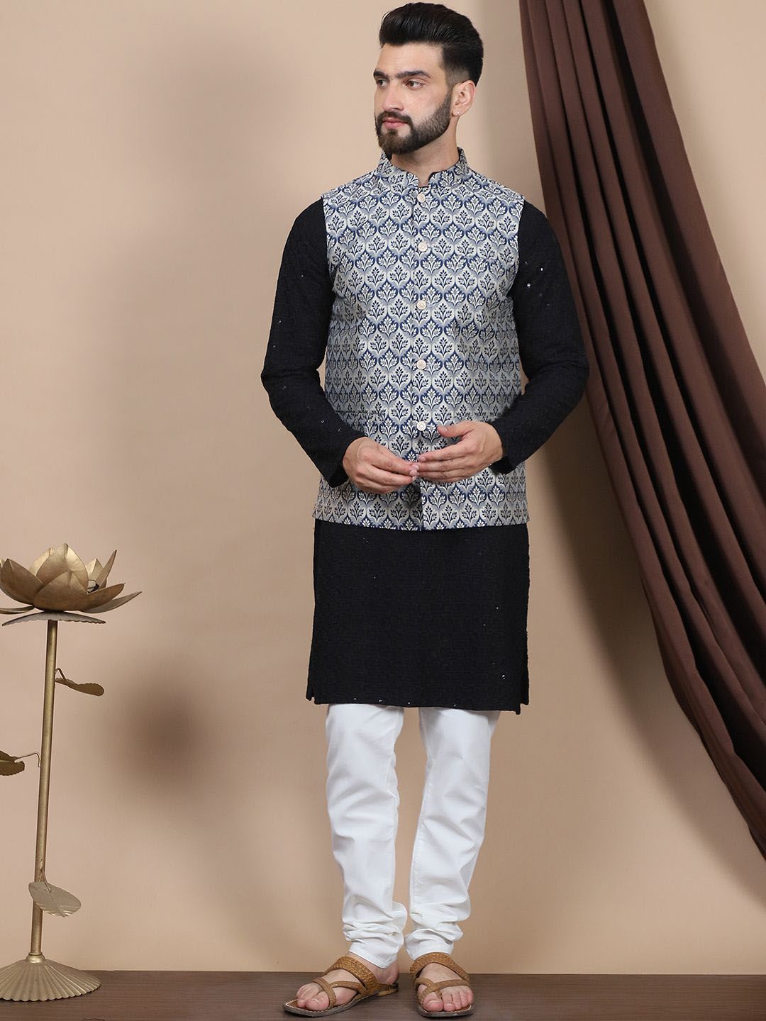 Anouk Black Ethnic Motifs Embroidered Straight Sequinned Pure Cotton Kurta with Churidar