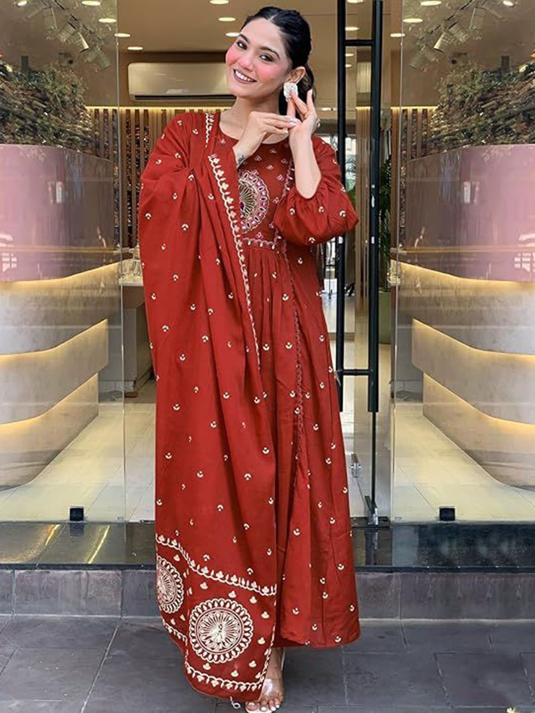 KALINI Women Ethnic Motifs Embroidered Anarkali Thread Work Kurta with Trousers & Dupatta